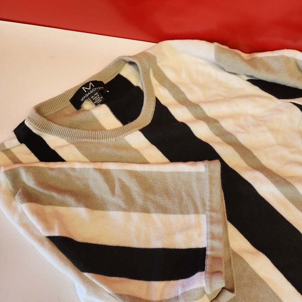 Magaschoni Men's Short Sleeve Striped Knit Crewneck Sweater